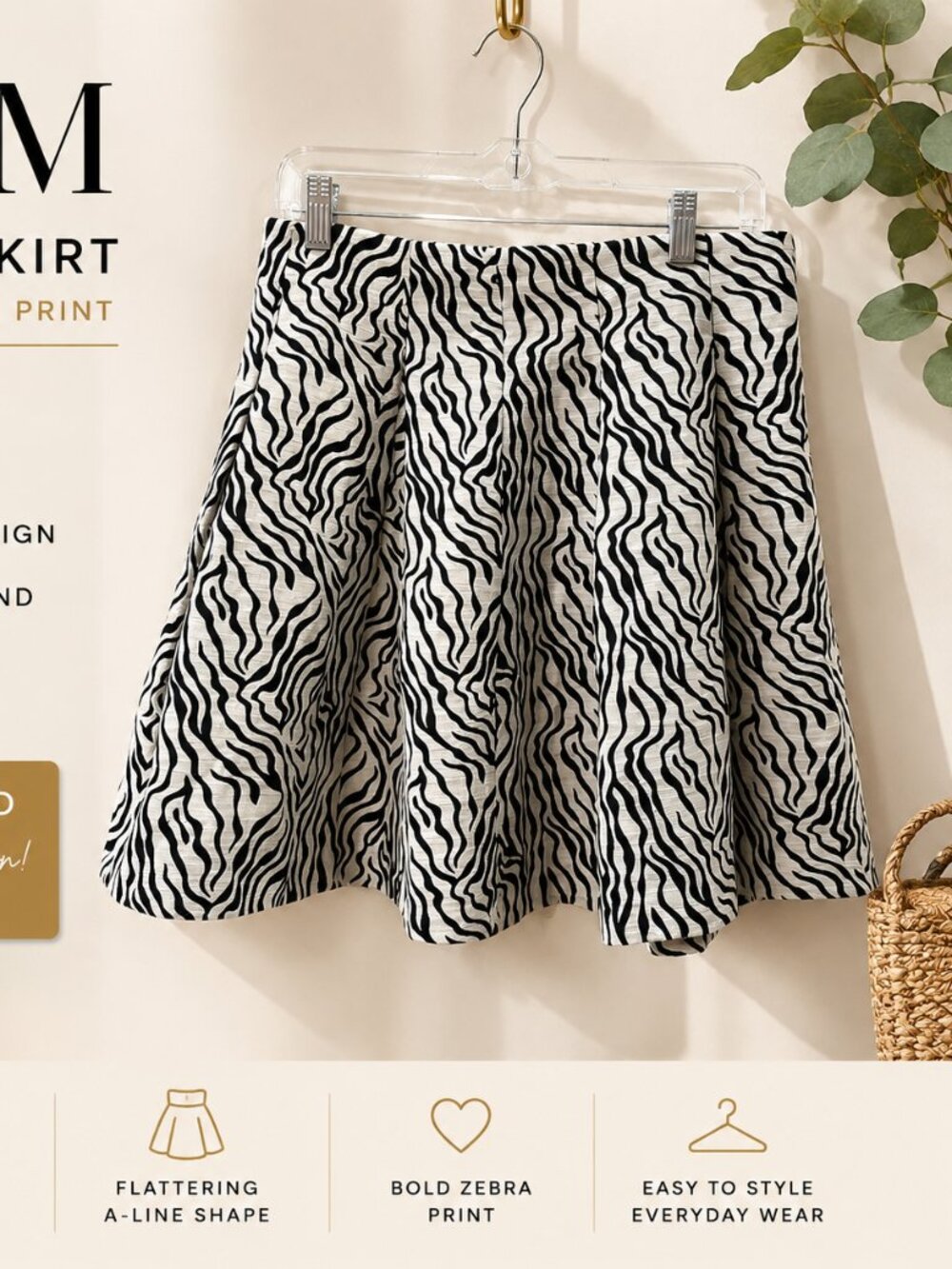 H&M Women's Zebra Print A-Line Pleated Skirt Size 12 Black White Cotton Bl